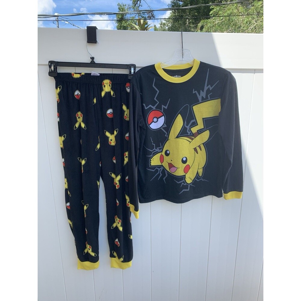 Pokemon Boys Long Black Pikachu Pajamas Shirt Sleep Pants Set 14-16